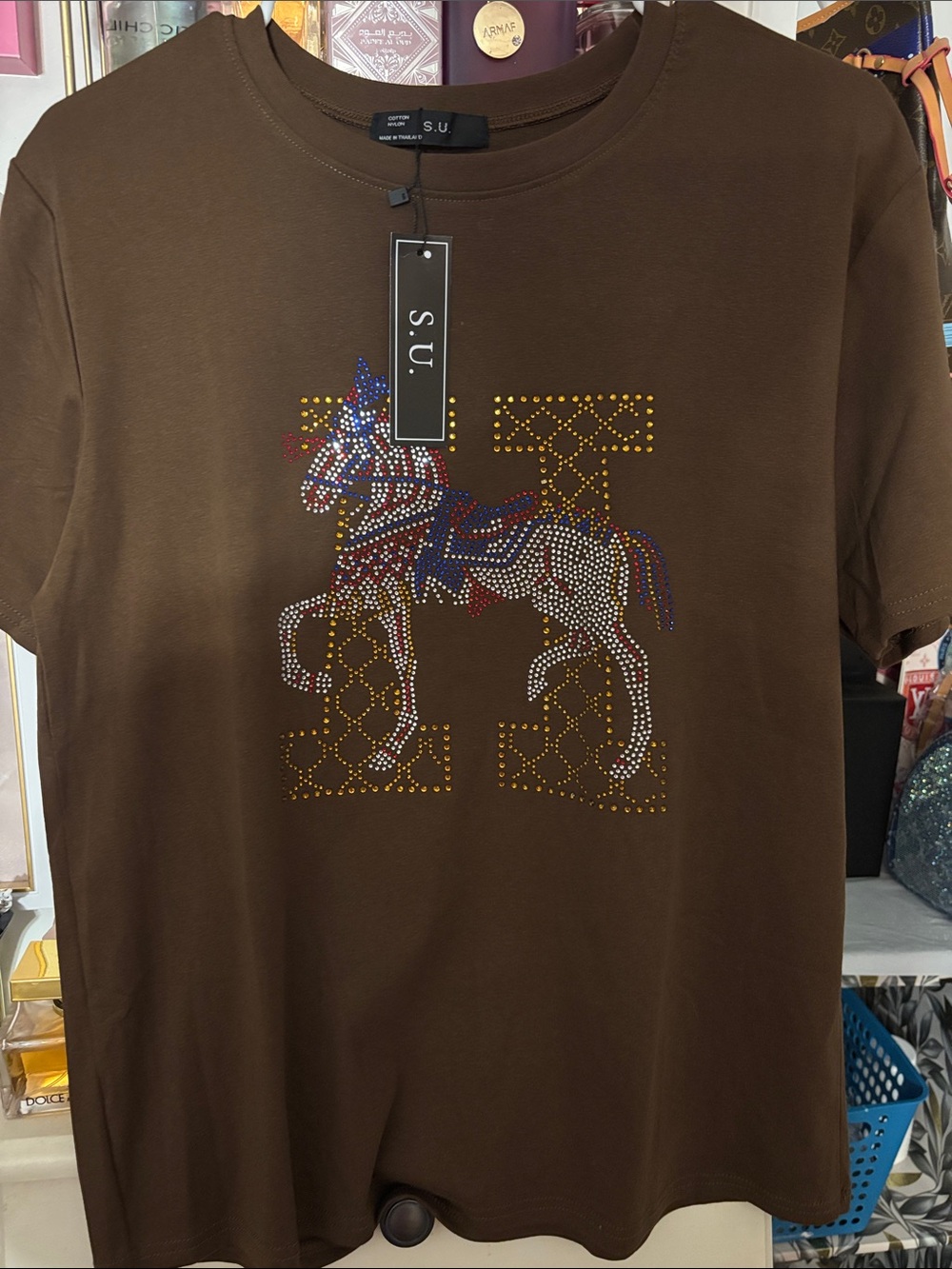 Brand new stretchy brown Short Sleeve Tee with Studded Horse Emblem